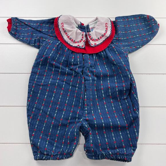 OshKosh B'gosh Vintage Embroidered Hearts Denim Romper Girls size 6-9 MNS USA - Picture 1 of 6